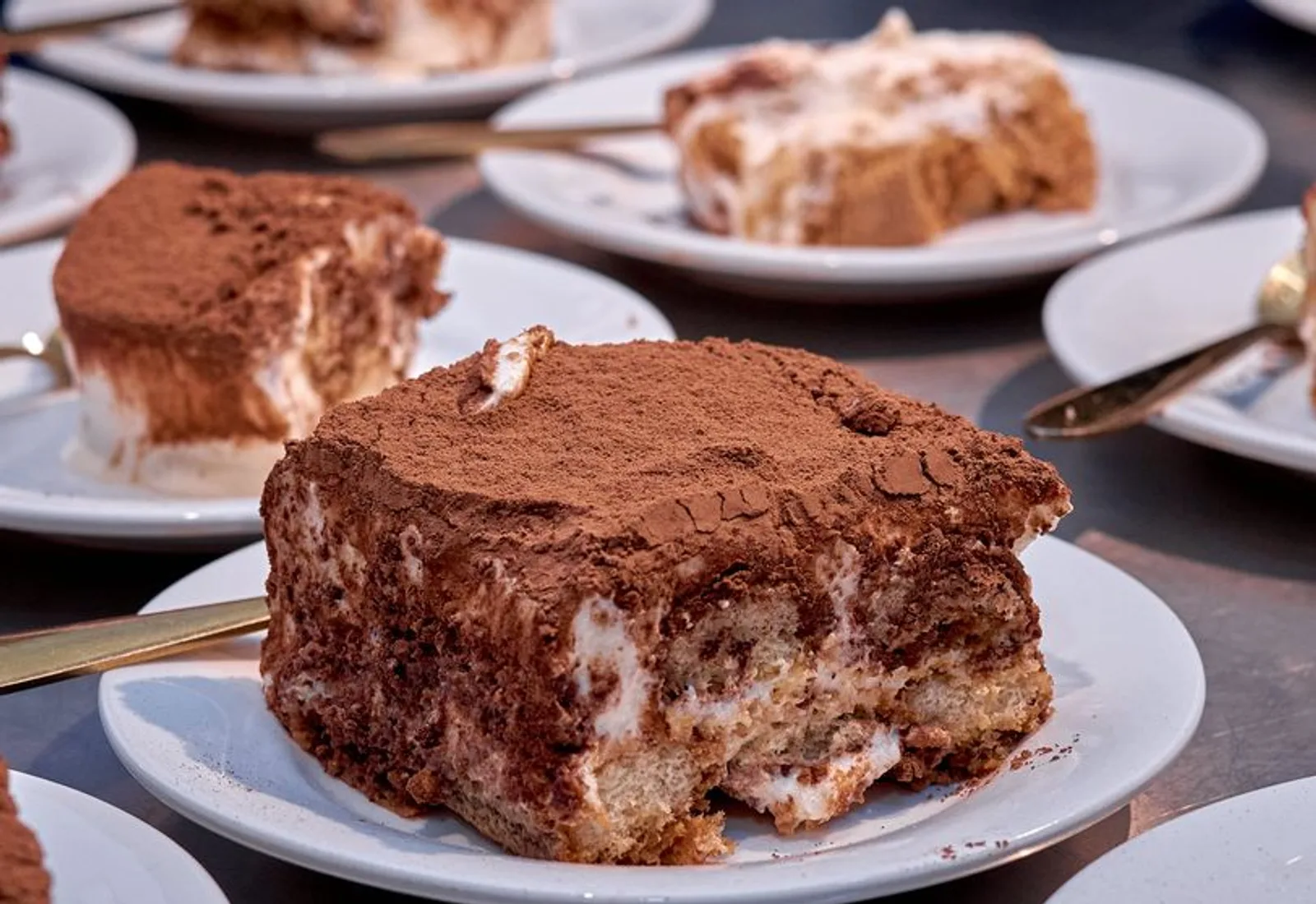 A slice of tiramisù dusted heavily with cocoa