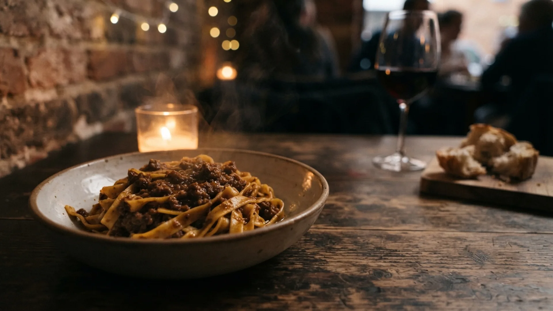 A rustic bowl of hand-rolled tagliatelle in ragù on dark wood, lit by candlelight
